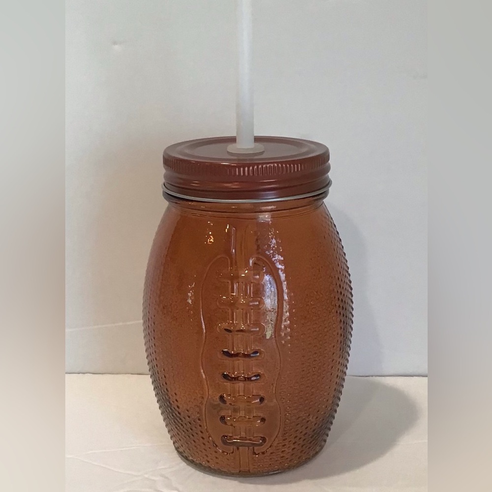 Football Shaped Brown Glass With Lid and Straw